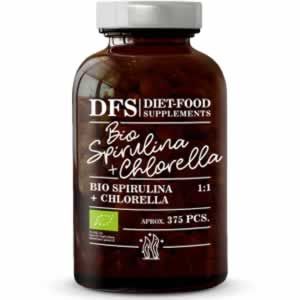 Diet Food Bio Spirulina + Chlorella / Био спирулина с хлорела 375 tabs Източник на много минерали, витамини и мастни киселини. Подпомага имунната система, помага при отслабване и прочиства организма от токсини и тежки метали.