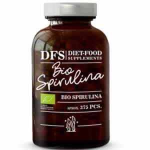 Diet Food Bio Spirulina 375 Tabs Има изключителни здравословни свойства. Много богата на протеини (около 70%), съдържа витамини B1, B2, B6, желязо, калций, антиоксиданти 