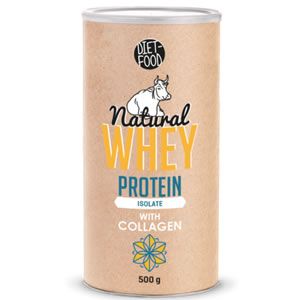 Diet Food Natural Whey Protein Isolate with Collagen 500g е Основни аминокиселини, богат на левцин и цистеин. Използва се при недохранване и протеинови дефицити или повишаване на спортните постижения 