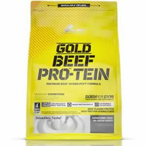 OLIMP Gold Beef Pro-Tein 700g Пълен аминокиселинен профил, включително ВСАА без лактоза. Висока концентрация на белтъчини – 87% , по-малко от 0.5 грама въглехидрати в доза. Под 1 грам мазнини в 35 грама продукт​