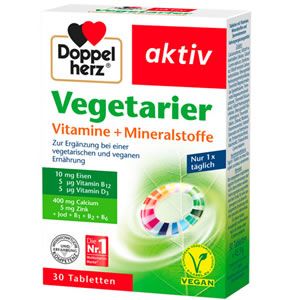 Doppel Herz, Актив Витамини, Вегетарианци, 30 Таблетки За вегани и вегетарианци. Подкрепя имунитета, костите, мускулите. Благоприятства щитовидната жлеза и предпазват от анемия​