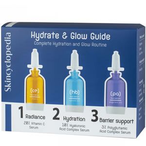 Skincyclopedia Hydrate & Glow Комплект  Козметичен комплект наръчник за хидратация на суха кожа. Съдържа 3 серума